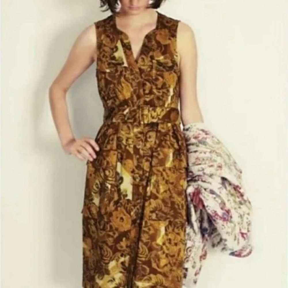 Moulinette Soeurs Floral Gold & Brown Sleeveless Dress NWOT
